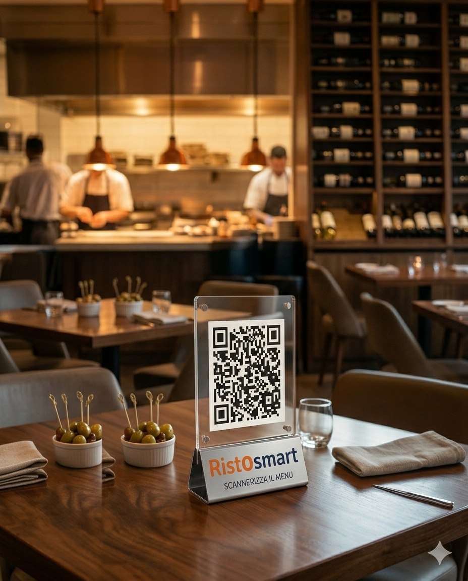 Cliente che inquadra il QR code del menu Ristosmart al tavolo